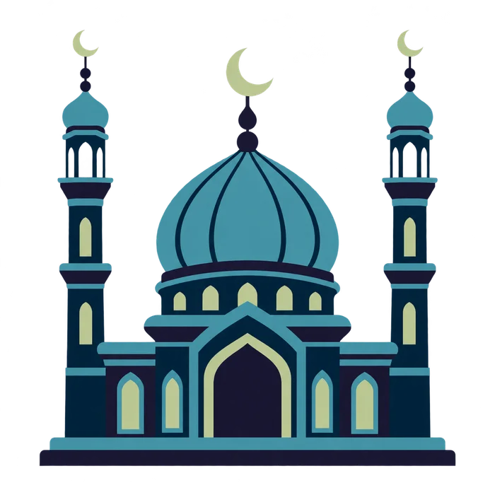 Illustration of a mosque with turquoise domes and crescent moons